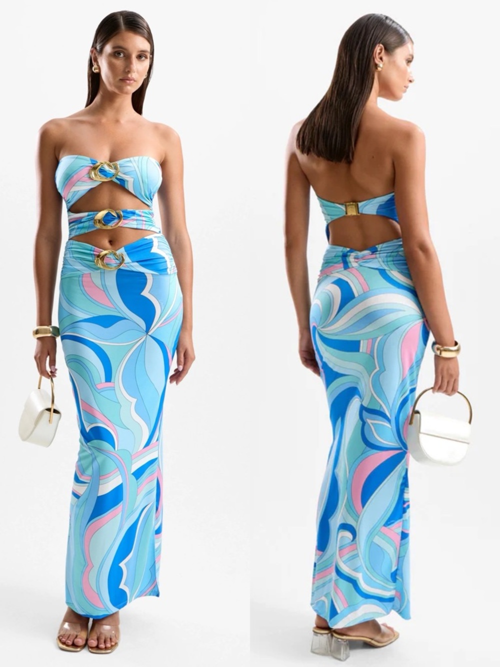 NEW NWT Cin Cin Rome Halo Strapless Cutout Maxi Dress Dolce Blue Print